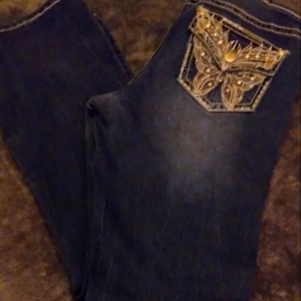"ZANA DI" BUTTERFLY BLING BOOTY DARK BLUE WASHED HIPSTER  JEANS..SZ.10..VINTAGE